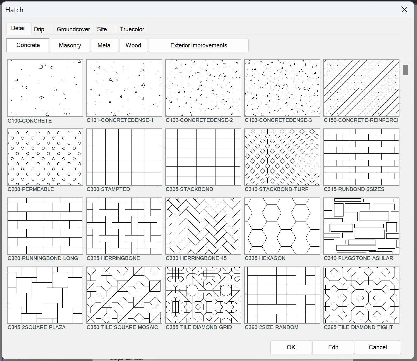 Updated Hatch dialog box showing Detail hatch patterns